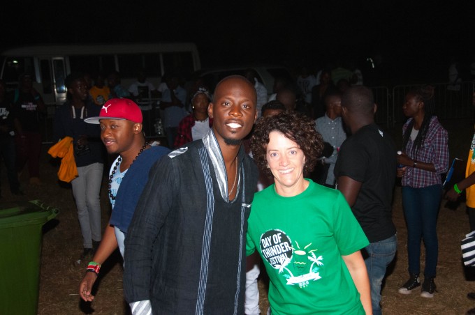 Zambian Breweries Managing Director Annabelle Degroot backstage at the Mosi Day of Thunder in Livingstone with Pompi.